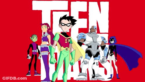 Teen Titans Standing Together In Front Of Red Background GIF