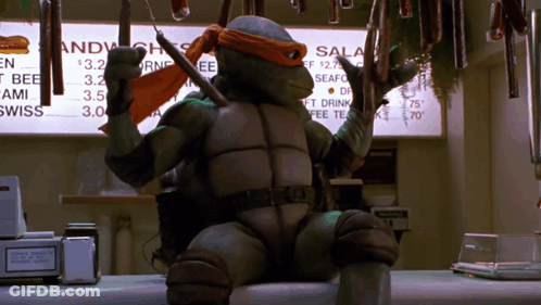 Teenage Mutant Ninja Turtle Holding Knife Near Menu GIF
