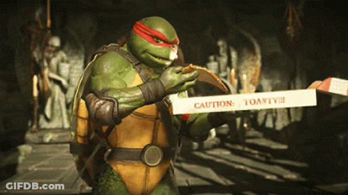 Teenage Mutant Ninja Turtle Holding Pizza Caution Toasty Sign GIF