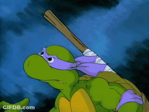 Teenage Mutant Ninja Turtle With Purple Headband Holding Stick GIF
