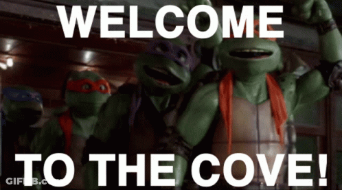 Teenage Mutant Ninja Turtles At Welcome To The Cove Sign GIF