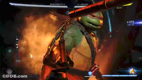 Teenage Mutant Ninja Turtles Fighting In Video Game With Fire Background GIF