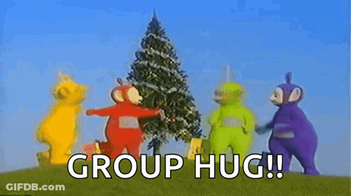 Teletubbies Group Hug Around Christmas Tree GIF