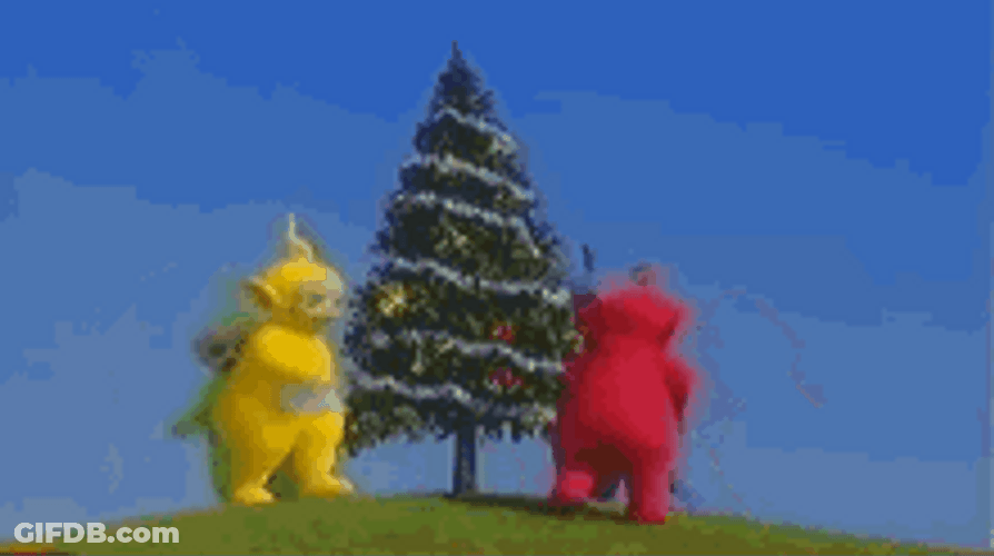 Teletubbies Running Around Christmas Tree GIF