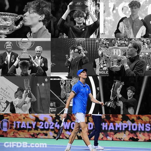 Tennis Player Holding Trophy Italy 2024 World Champions GIF