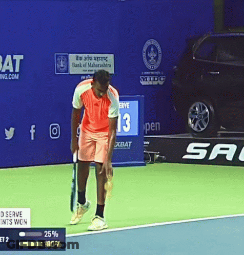 Tennis Player Standing On Court With Serve 13 Sign GIF