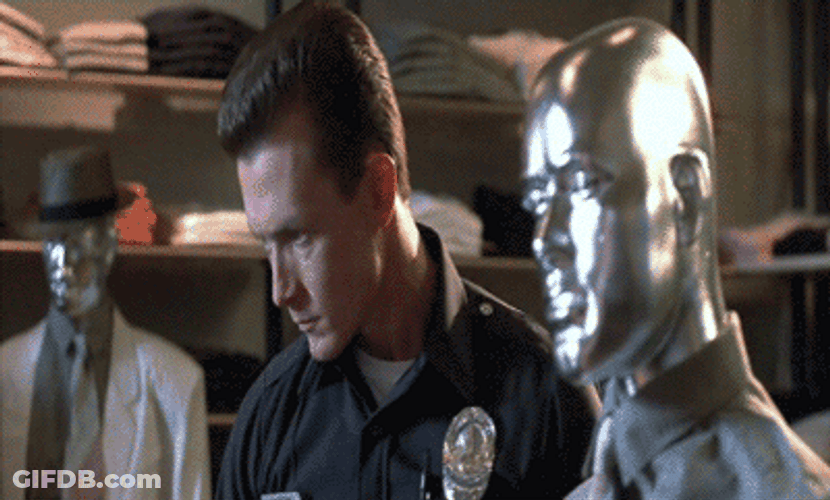 Terminator Robert Patrick Looking At Silver Mannequin GIF
