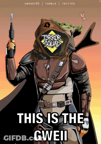 Terror Squad Poster With Man Holding Gun And Baby Yoda GIF