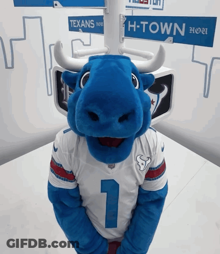 Texans Mascot In Front Of H-Town Sign GIF