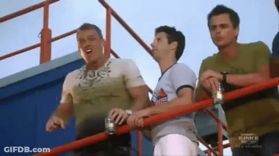 Thad Castle Alan Ritchson Drunk Shouting With Friends GIF