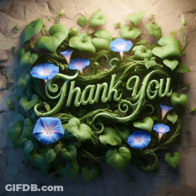 Thank You Surrounded By Blue Flowers And Greenery GIF