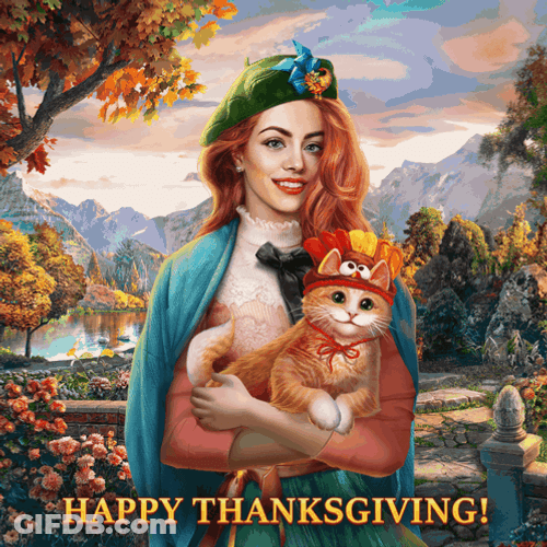 Thanksgiving Cat With Pretty Lady GIF