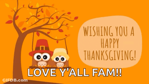 Thanksgiving Greeting Card With Two Owls On Swing Under Tree GIF
