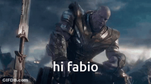 Thanos From Avengers Endgame Is Holding A Sword And The Words Hi Fabio Are Above Him GIF