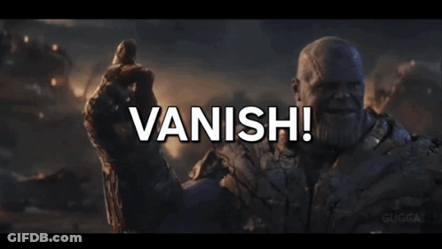 Thanos Is Holding A Rainbow Colored Infinity Gauntlet With The Words Vanish Written On It GIF