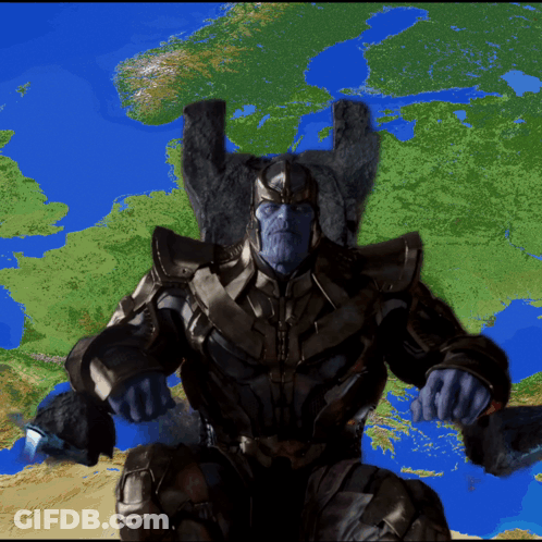 Thanos Is Sitting On A Throne In Front Of A Map Of The World GIF
