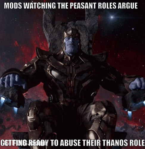 Thanos Sitting On Throne Mods Watching The Peasant Roles Argue GIF