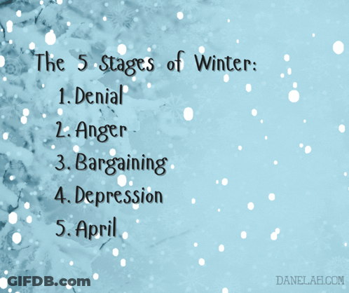 The 5 Stages Of Winter Are Written On A Snowy Background GIF