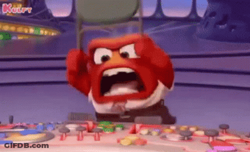 The Angry Bird From Inside Out Is Sitting On A Chair With His Mouth Open . GIF