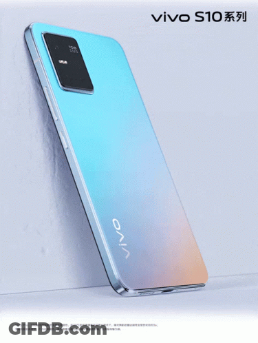 The Back Of A Blue Vivo S10 Phone Against A White Background GIF