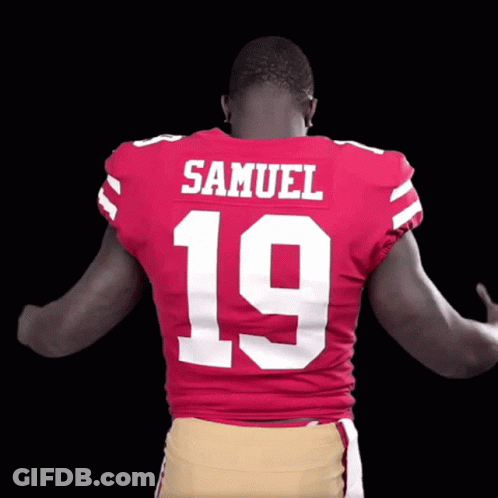 The Back Of A Football Player 'S Jersey Says Samuel 19 GIF