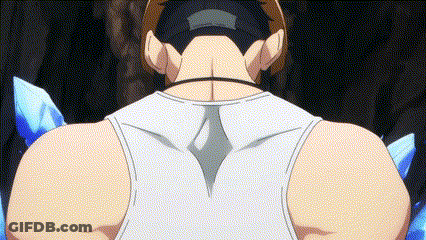 The Back Of A Man Wearing A White Tank Top And A Baseball Cap Is Shown In A Cartoon . GIF