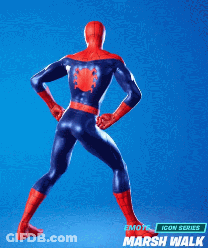 The Back Of A Spiderman Standing With His Hands On His Hips In Marsh Walk GIF
