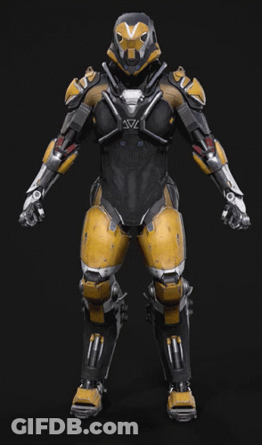 The Back Of A Yellow And Black Robot With A Helmet GIF