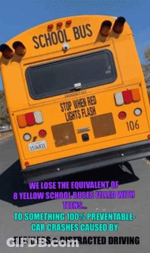 The Back Of A Yellow School Bus With The Words Stop When Red Lights Flash On It GIF