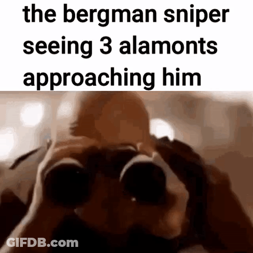 The Bergman Sniper Is Seeing 3 Almonds Approaching Him GIF
