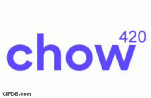 The Chow 420 Logo Is Purple And White On A White Background . GIF