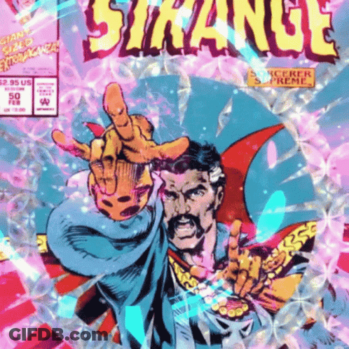 The Cover Of A Comic Book Called Strange Shows A Man Reaching Out His Hand GIF
