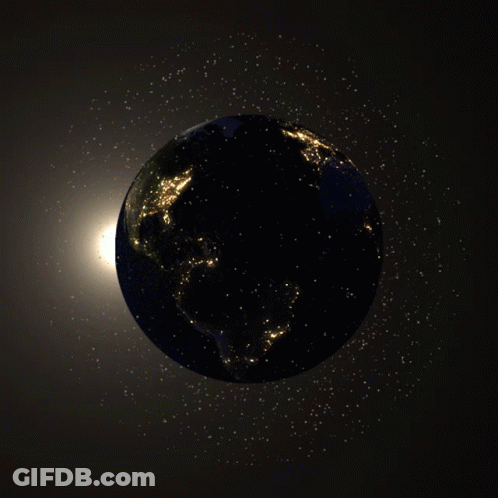 The Earth Is Lit Up At Night And The Sun Is Shining Brightly Behind It GIF