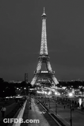The Eiffel Tower Is Lit Up At Night In A Black And White Photo GIF