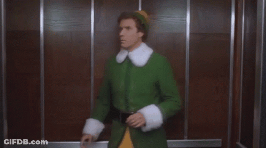 The Elf Buddy Hobbs Fails To Leave Elevator GIF