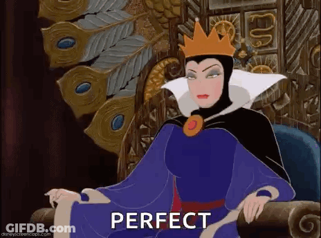 The Evil Queen From Snow White And The Seven Dwarfs Is Sitting On A Throne With The Words `` Perfect '' . GIF