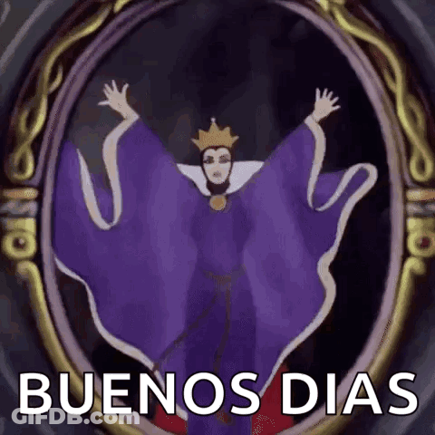 The Evil Queen From Snow White And The Seven Dwarfs Is Standing In Front Of A Mirror With Her Hands In The Air . GIF