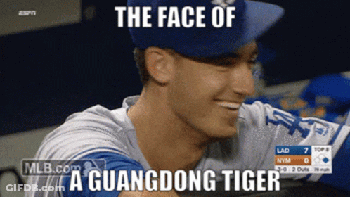 The Face Of A Guangdong Tiger Is Shown On A Baseball Player 'S Face GIF