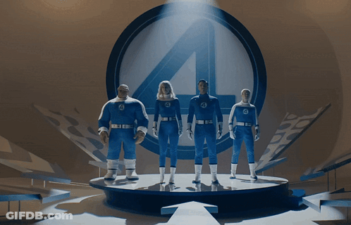 The Fantastic Four Are Standing On A Stage In Front Of A Circle With The Number 4 On It GIF