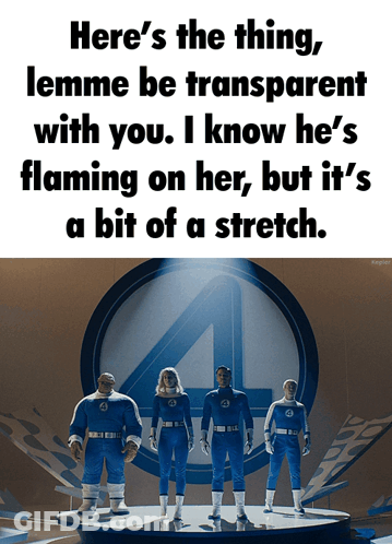 The Fantastic Four Are Standing On A Stage In Front Of A Sign That Says Here 'S The Thing GIF