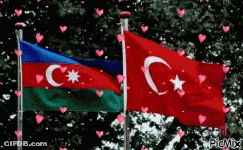 The Flags Of Azerbaijan And Turkey Are Waving In The Wind Surrounded By Pink Hearts GIF