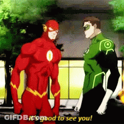 The Flash And Green Lantern Standing Together Green Lantern Says It's Good To See You GIF