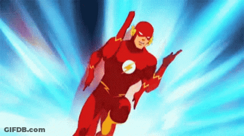 The Flash Is Flying Through The Air With A Blue Background Behind Him . GIF