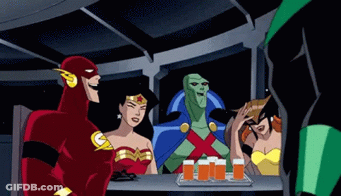The Flash , Wonder Woman , And Green Lantern Are Sitting At A Table With A Tray Of Orange Juice . GIF