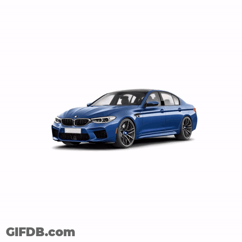 The Front Of A Blue Bmw With The Letters M On The Hood GIF