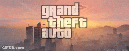 The Grand Theft Auto Logo Is Displayed On A Cityscape GIF