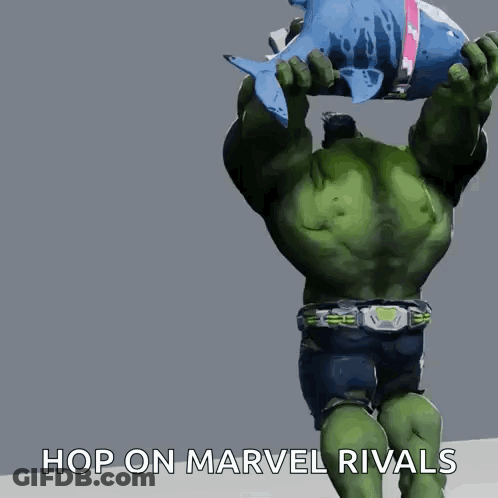 The Hulk Is Holding A Shark Over His Head With The Words Hop On Marvel Rivals Written Below Him GIF