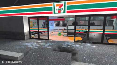 The Inside Of A 7 Eleven Store With Broken Glass GIF