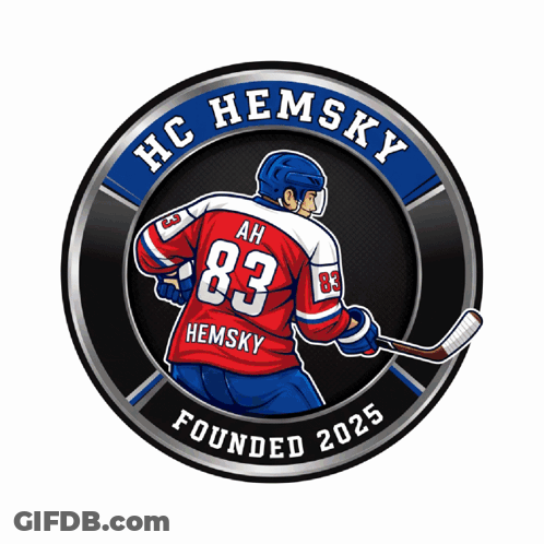 The Logo For Hc Hemsky Shows A Hockey Player Holding A Stick GIF