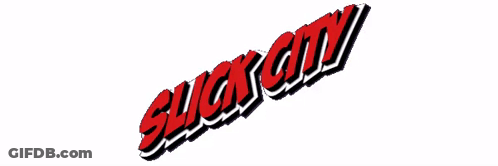 The Logo For Slick City Is Red And White GIF